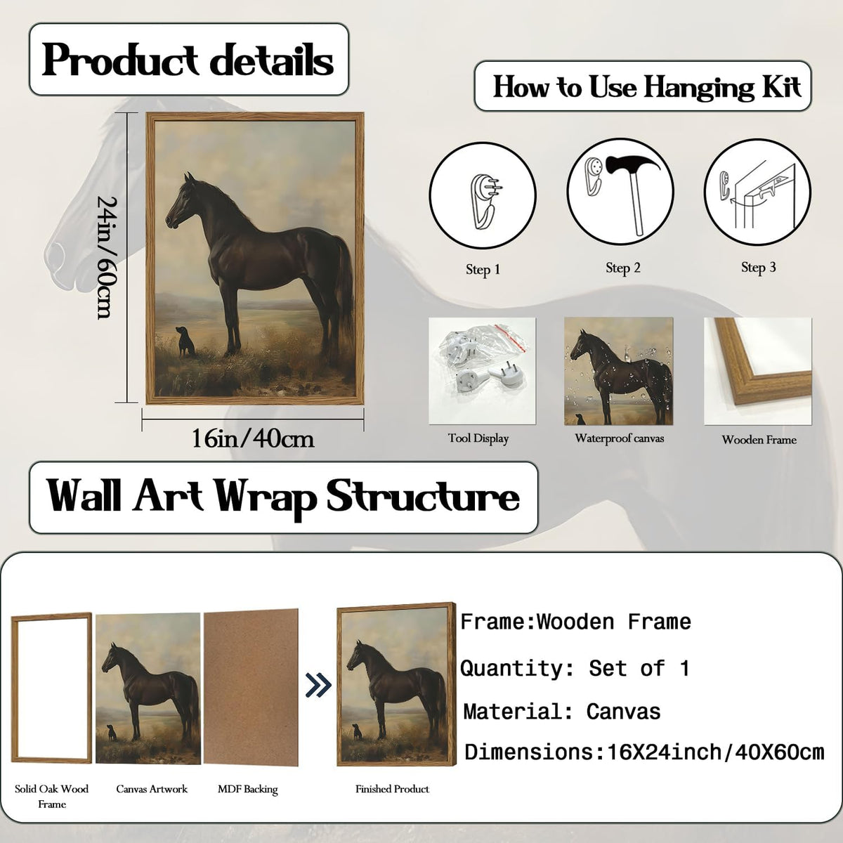 Vintage Black Horse Wall Art Cottagecore Horse and Dog Wall Decor Painting, Moody Rustic Animal Poster Canvas Print