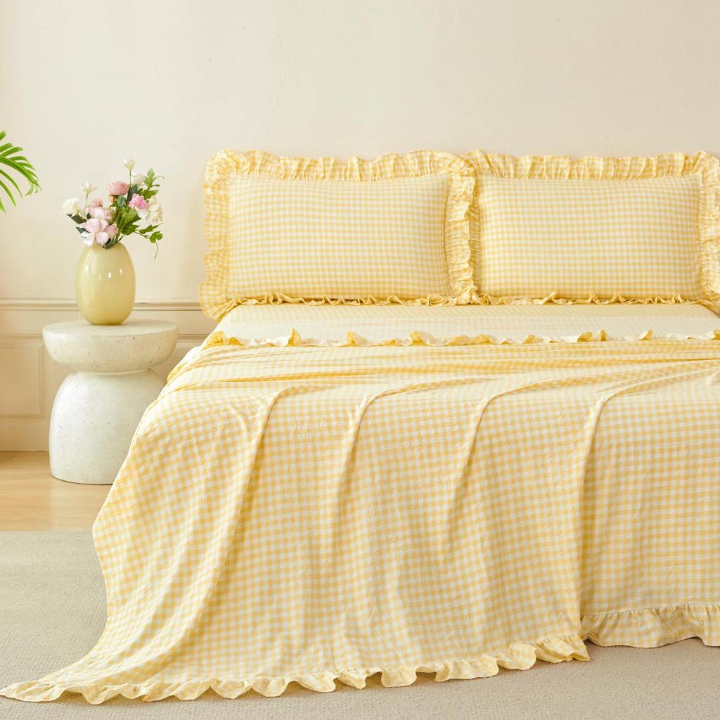 3Pcs Yellow Plaid Ruffled Bed Sheet Set with 1 Pillowcase