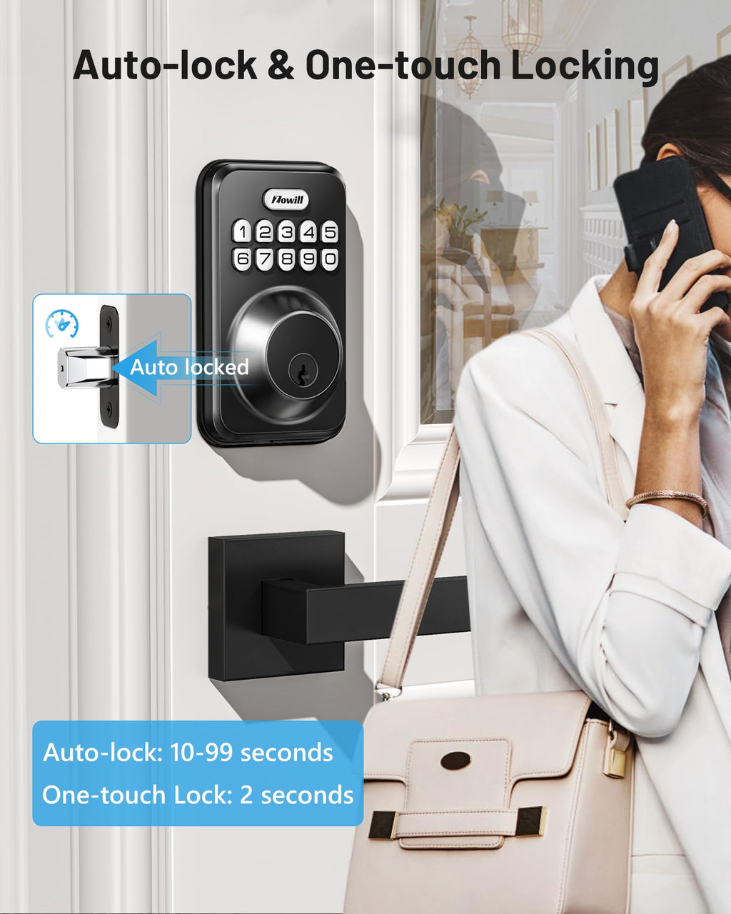 Keyless Entry Keypad Deadbolt Lock with Handles, Matte Black