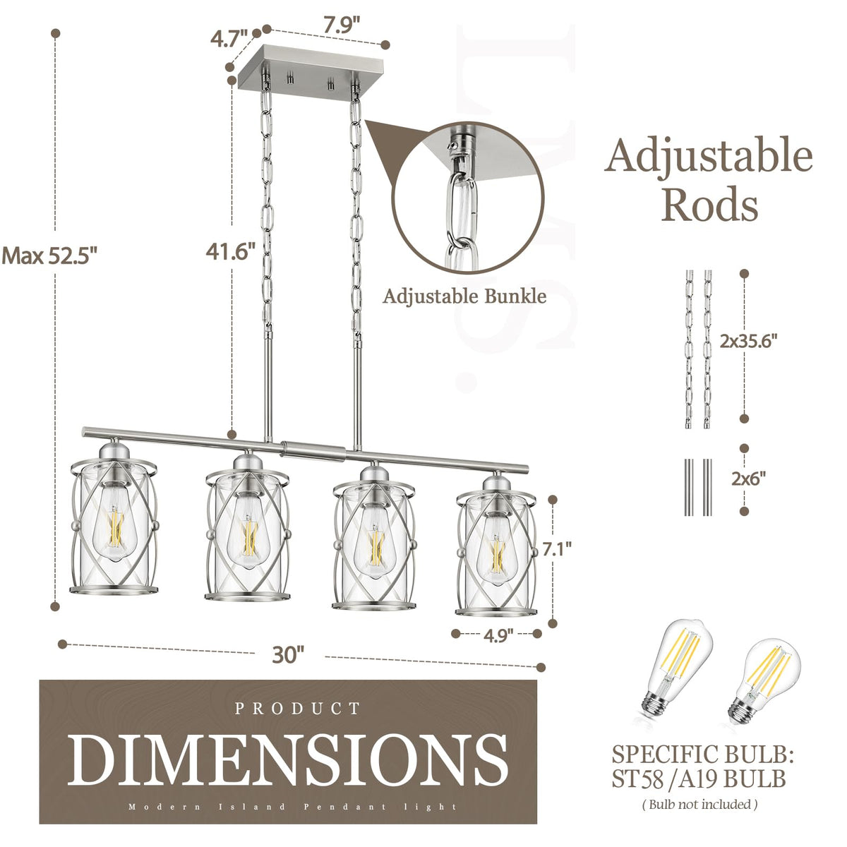 Kitchen Island Lighting, Modern Brushed Nickel Dining Room Light Fixtures with Clear Glass, Farmhouse