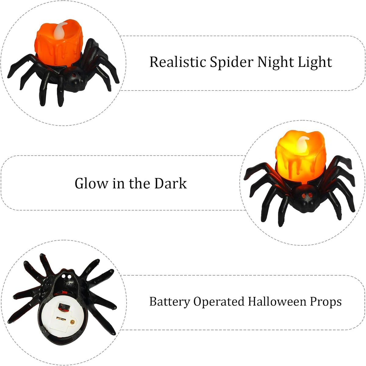 Halloween Spider Tea Lights Candles, Battery Operated LED Flameless Spider Candles Holder Lights, Spooky - Set of 12
