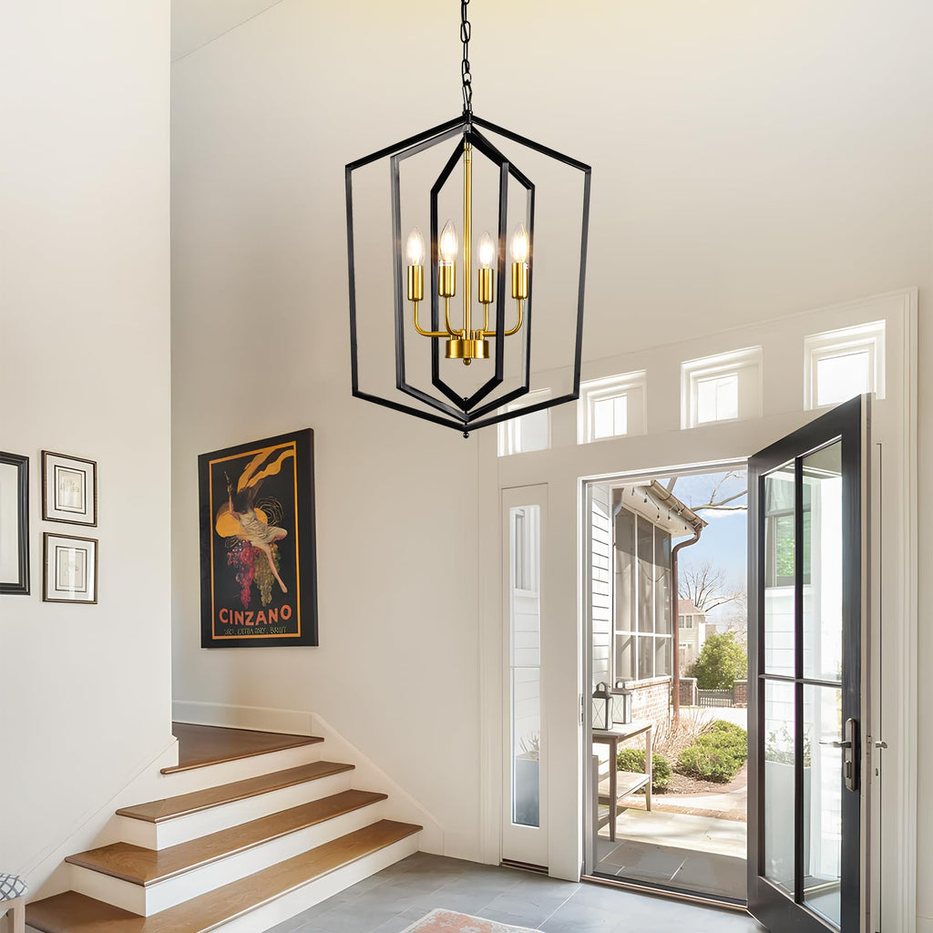 18.1" Black and Gold Chandelier, 4-Light Farmhouse Dining Room Light Fixture, Modern Foyer Lighting Fixtures, Rustic