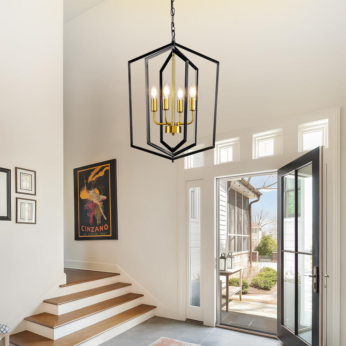 18.1" Black and Gold Chandelier, 4-Light Farmhouse Dining Room Light Fixture, Modern Foyer Lighting Fixtures, Rustic