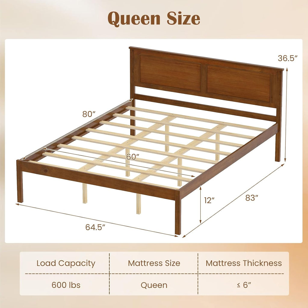 Mid-Century Modern Queen Wood Platform Bed Frame with Headboard and Under-Bed Storage, Walnut