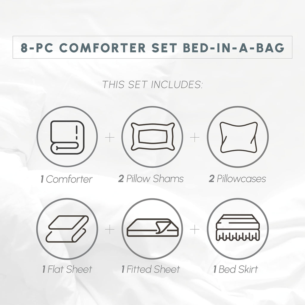 Cozy and Soft 8-Piece Bed-in-a-Bag All Season Comforter Set, Includes 4pc Smart Sheet Set, Bed Skirt, Comforter
