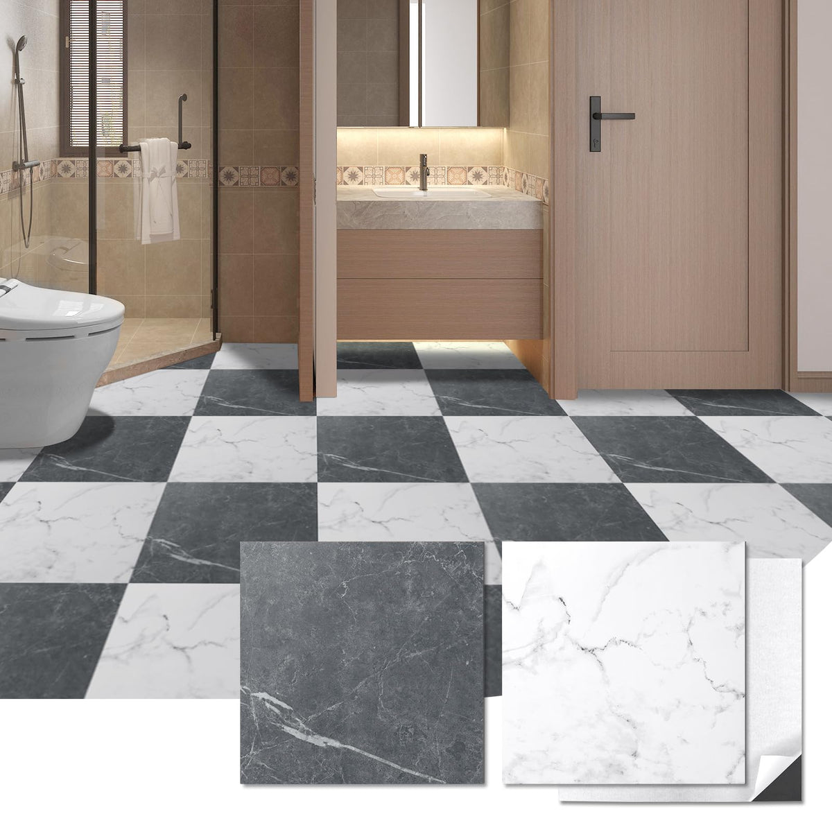 30-Pack Peel and Stick Vinyl Floor Tiles, Black & White Marble