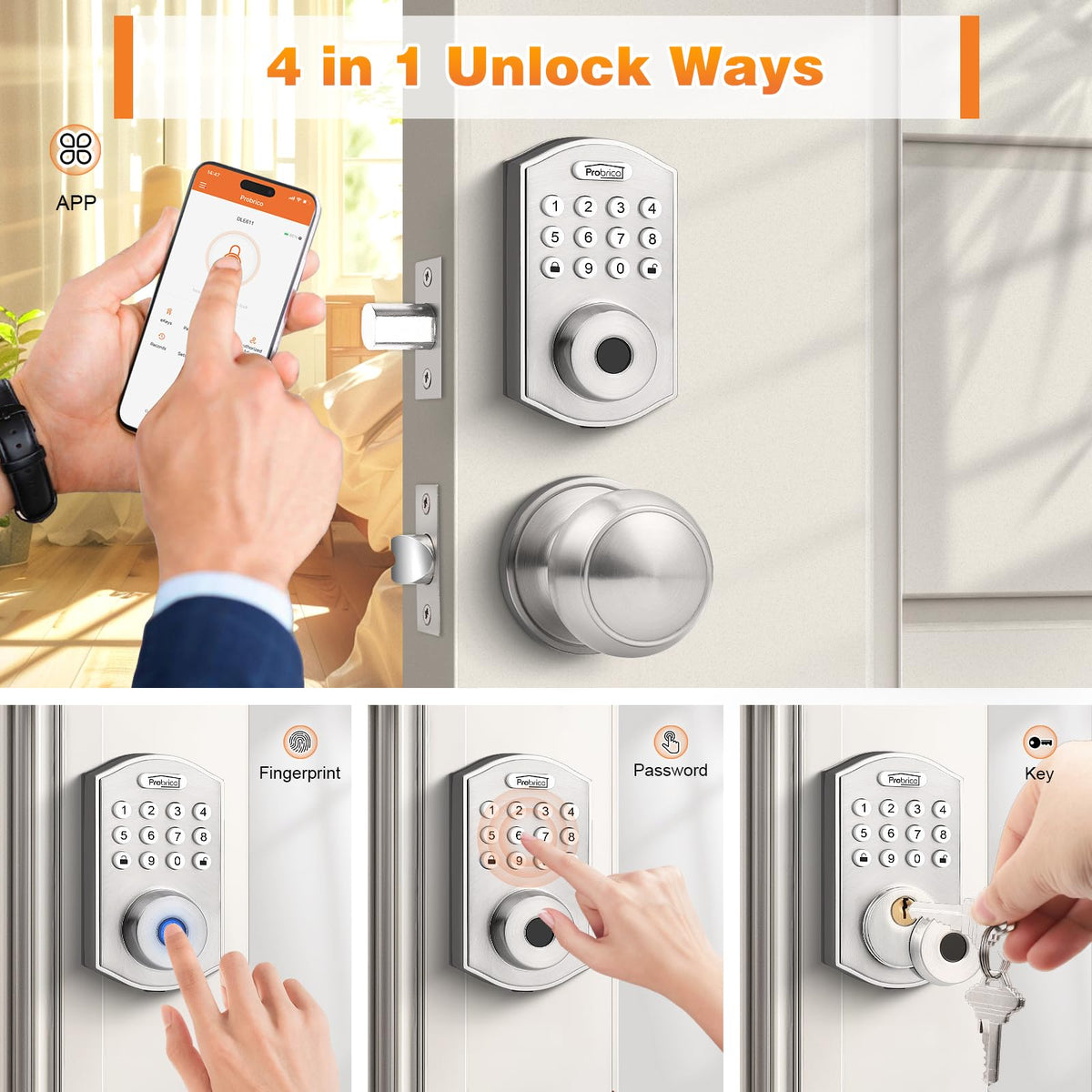 Smart Keyless Entry Door Lock with Knob Set, Satin Nickel