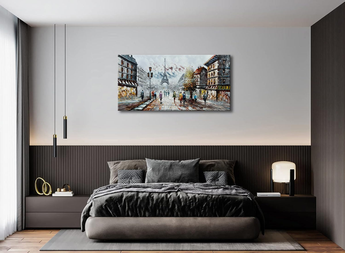 Modern Oil Paintings on Canvas Wall Art, Paris Eiffel Tower Landscape Abstract Paintings Bedroom Office Wall Decor
