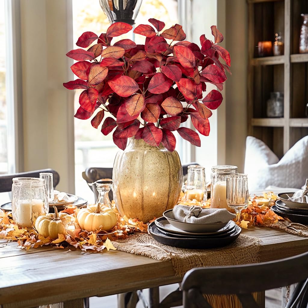 5 PCS Fall Leaves Artificial Magnolia Leaf Branches, 26" Autumn Fake Plant Stems for Vase Floral Arrangement Kitchen