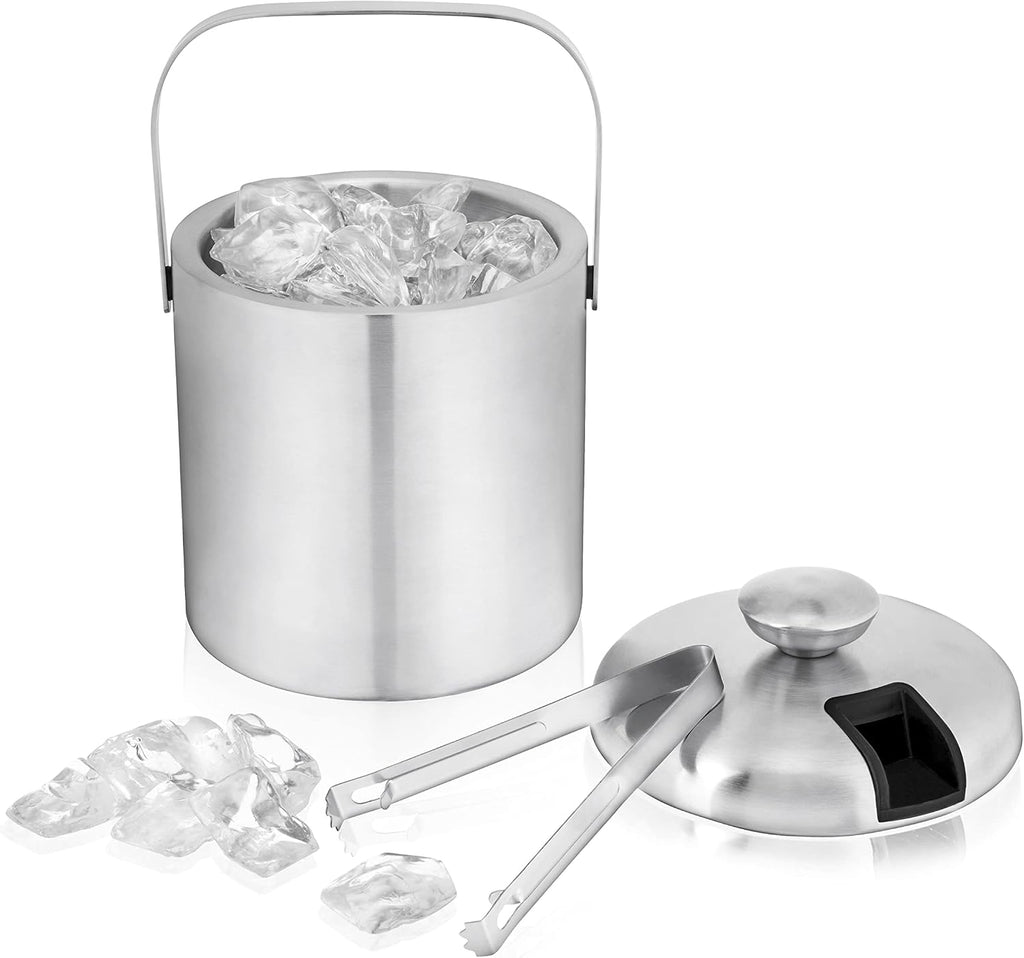 Stainless Steel Ice Buckets for Parties with Lid, 1.3L Capacity Double Wall Ice Bucket with Tongs, Insulated Ice