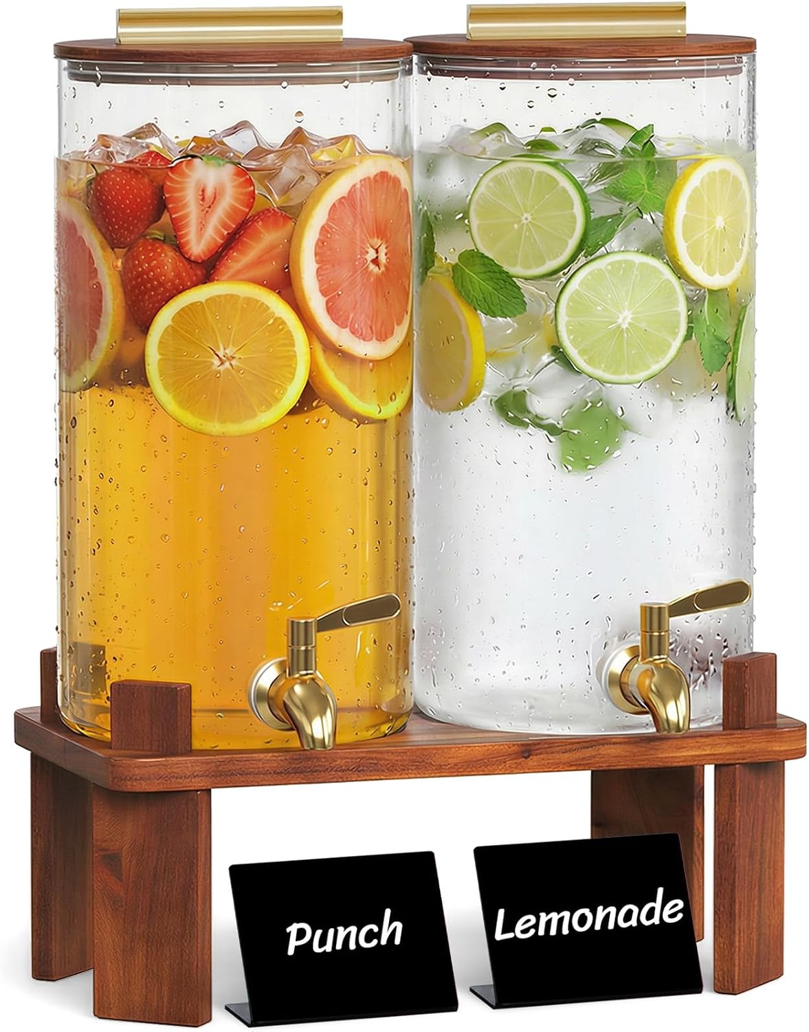 1.5 Gallon Glass Drink Dispenser with Wood Stand & Leakproof Spigot - Set of 2