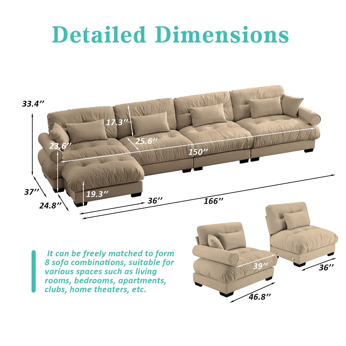 166" Sectional Couches, L Shaped Sofa Couch with Velvet Fabric, 4 Seat Modern Sofa with Ottoman, Removable Pillows