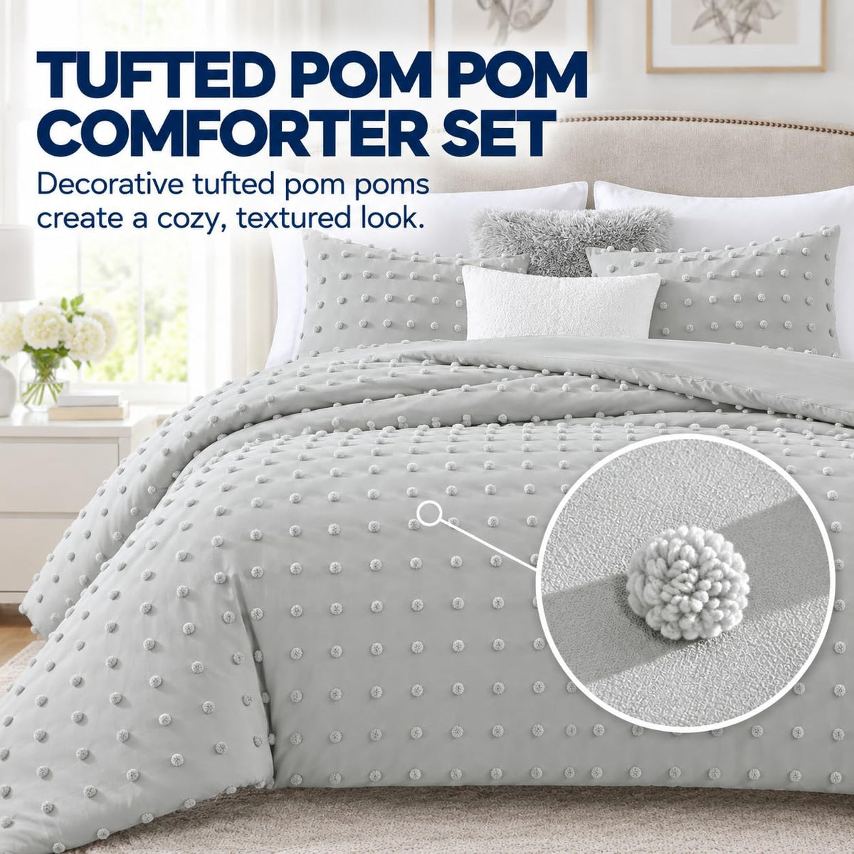Home Comforter Set, Tufted Pom Poms, Gray