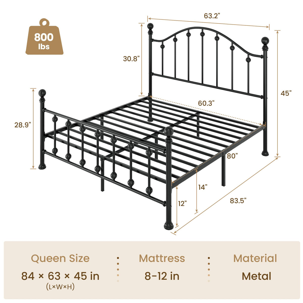 Metal Bed Frame, Victorian Headboard & Footboard, Black