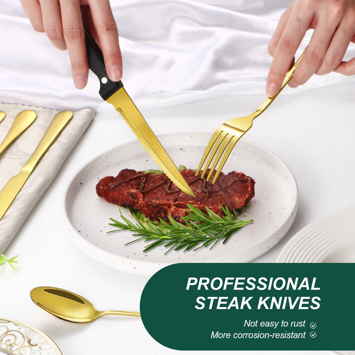 24-Piece Gold Silverware Set with Steak Knives Stainless Steel Flatware Set for 4 Food Grade Tableware Cutlery Set
