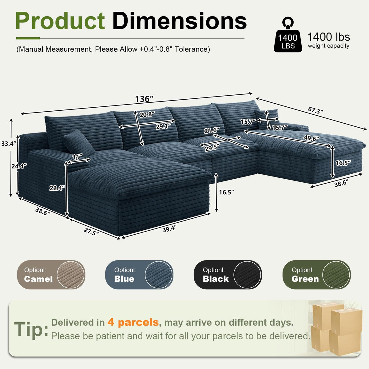 136" Cloud Sectional Couch with U-Shaped Chaise, Corduroy Viral Boneless Sofa with Ottoman, Memory Foam Couches in a