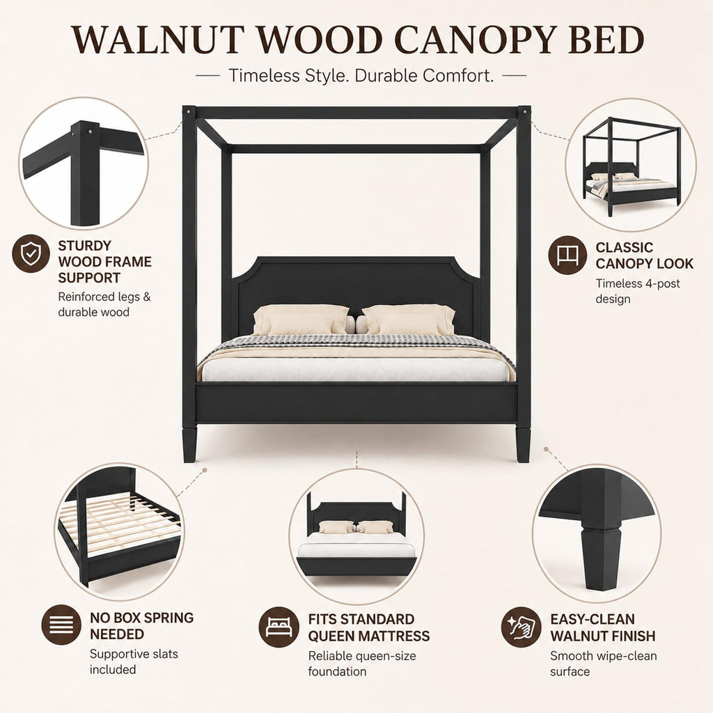 Wooden Canopy Platform Bed Frame with Headboard, 4-Poster Black Canopy Bed Frames with Sturdy Legs, Classic
