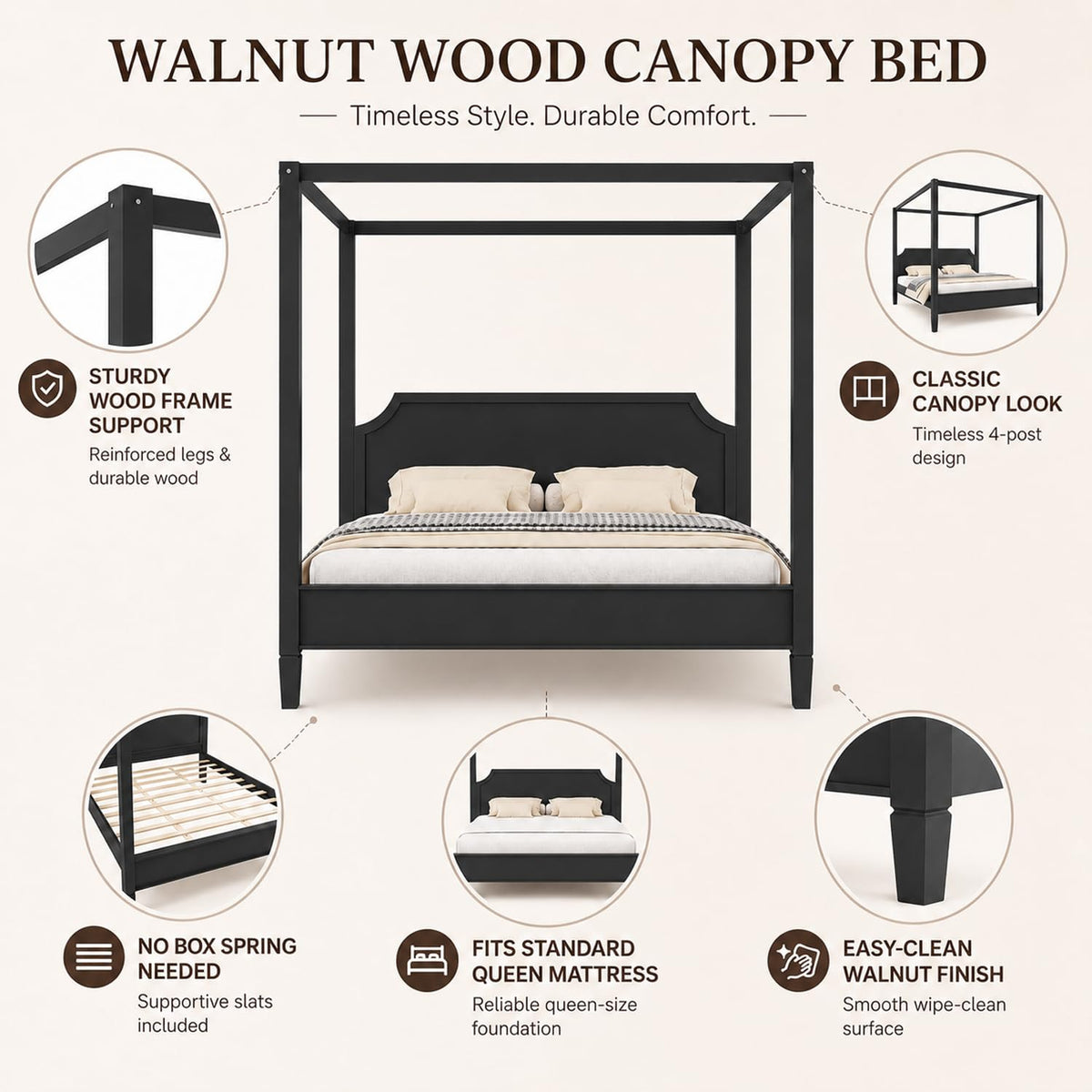 Wooden Canopy Platform Bed Frame with Headboard, 4-Poster Black Canopy Bed Frames with Sturdy Legs, Classic