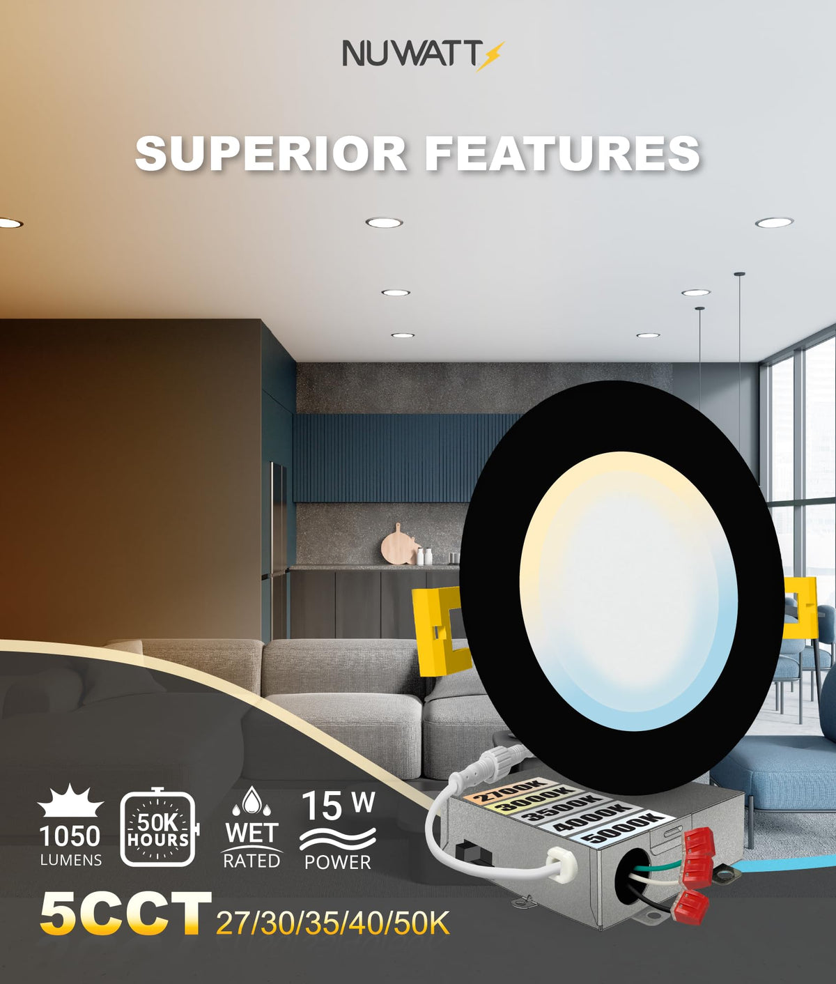 6 inch LED Black Recessed Lighting, 5CCT 2700K-5000K, Dimmable, 6 PK