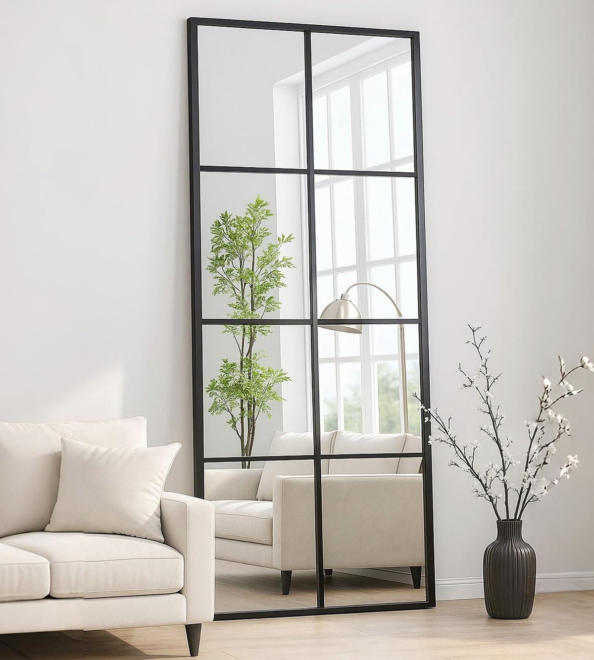 Full Length Mirror, 56"x22" Standing Windowpane Wall Mirror (Black)