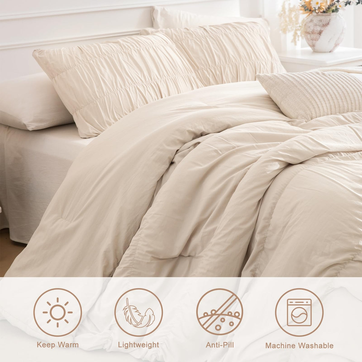 King Size Comforter Set(106"x95"), Wheat Ruched Bedding Comforter, Farmhouse Shabby Boho Chic Bedding 3 Pieces