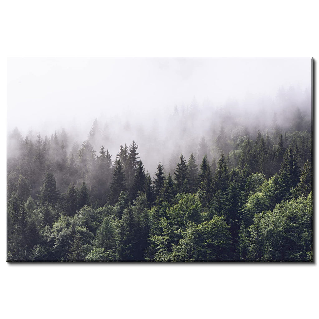 Pine Tree Canvas Wall Art Kitchen, Rustic Misty Foggy Forest Scenery Picture Wall Decor Nature Mountain Landscape