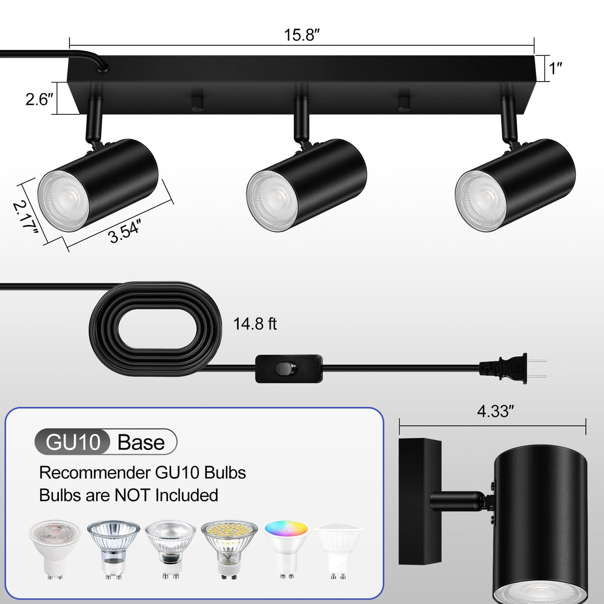LED Track Lighting Ceiling Fixtures, Black 3-Light Plug in Track Lights, 3 Way Ceiling Spotlight, 15 FT