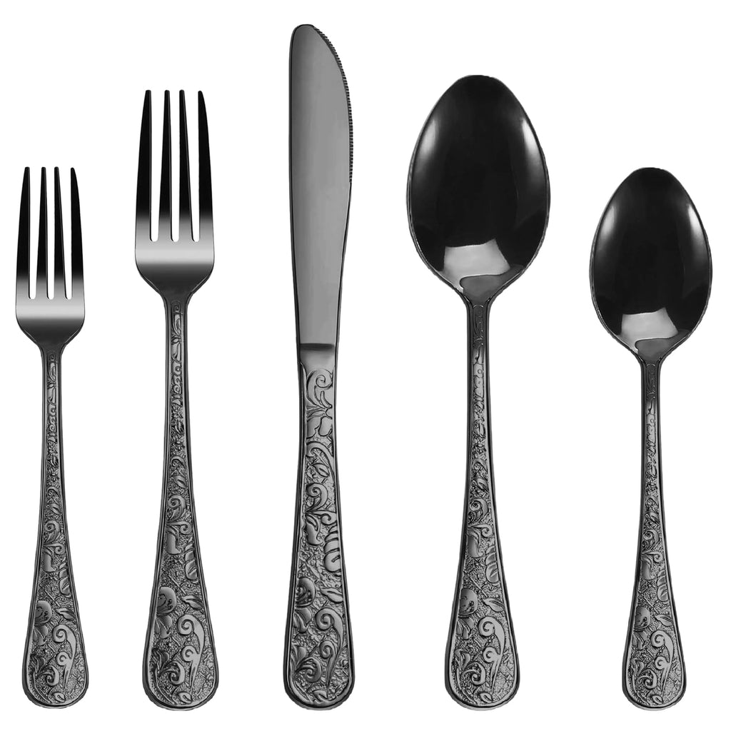 Vintage Carved Black Stainless Steel 20-Piece Flatware Set