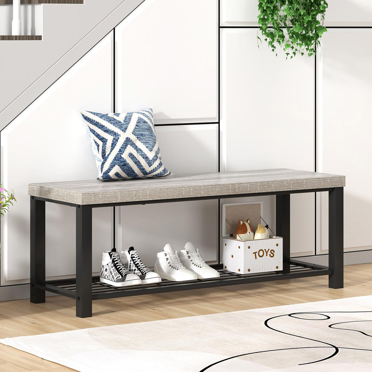Entryway Bench, Rustic Wood and Metal Shoe Storage Bench Front Door Entrance, Industrial Indoor Bench Living Room