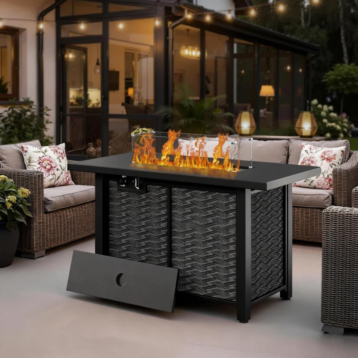 43" Propane Fire Pit Table with Glass Wind Guard & Lid, 50, 000 BTU Outdoor Gas Fireplace, Weather-Resistant