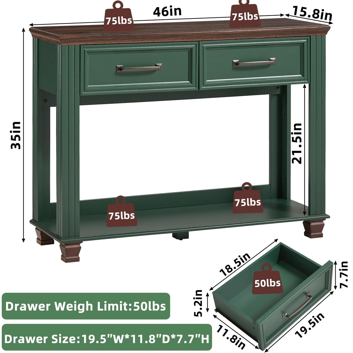 46" Farmhouse Console Table with Drawers, Green Entryway Table