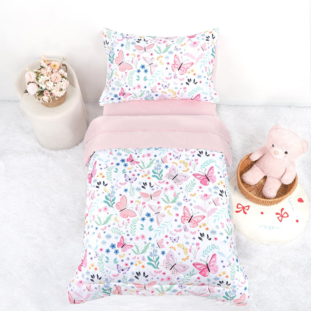 Toddler Bedding Set for Girls 4 Pieces Butterfly, Soft Breathable Toddler Comforter Set, Flower Print, Includes