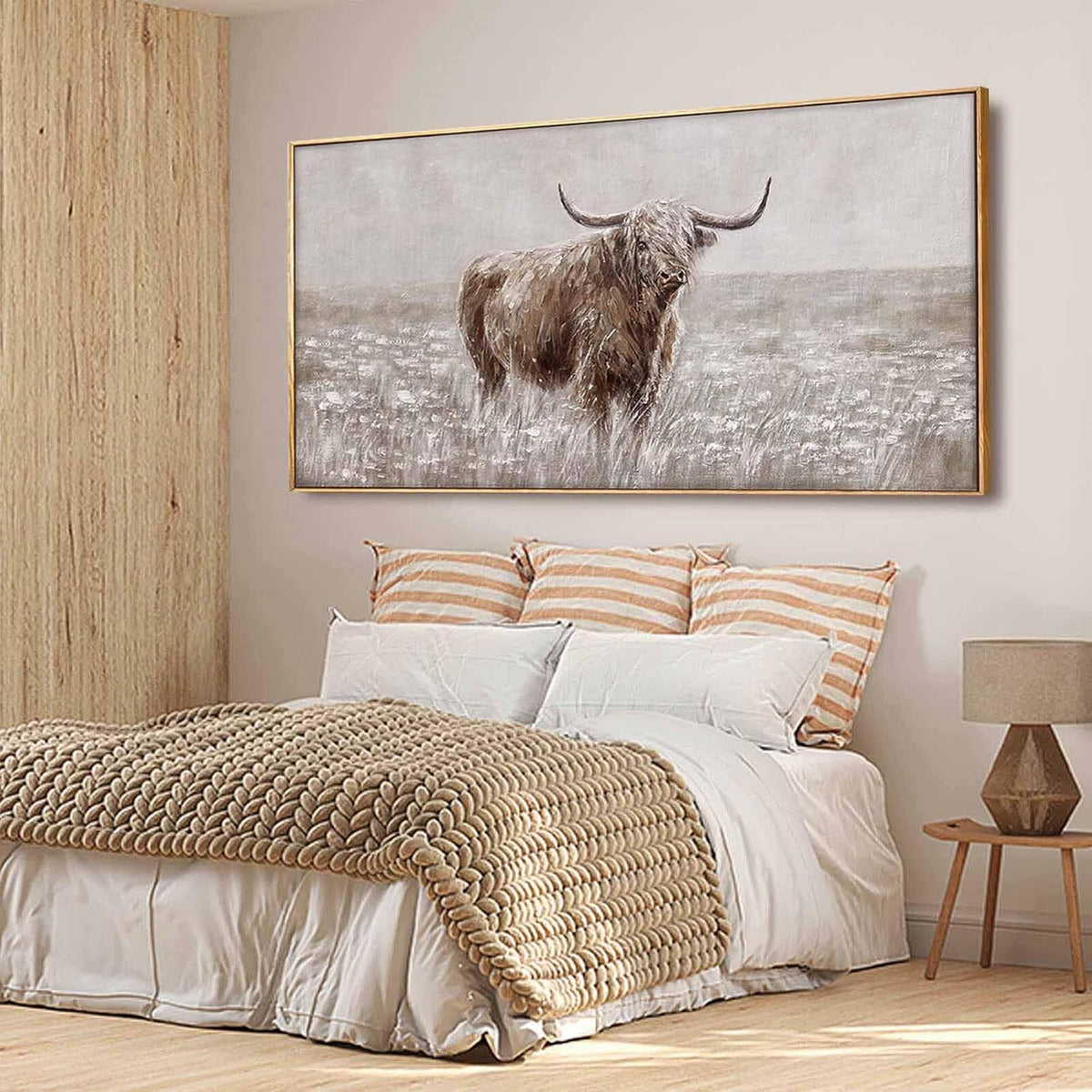 Farmhouse Highland Cow Wall Decor on Canvas with Framed Large Landscape Brown Artwork Living Room Office Decor