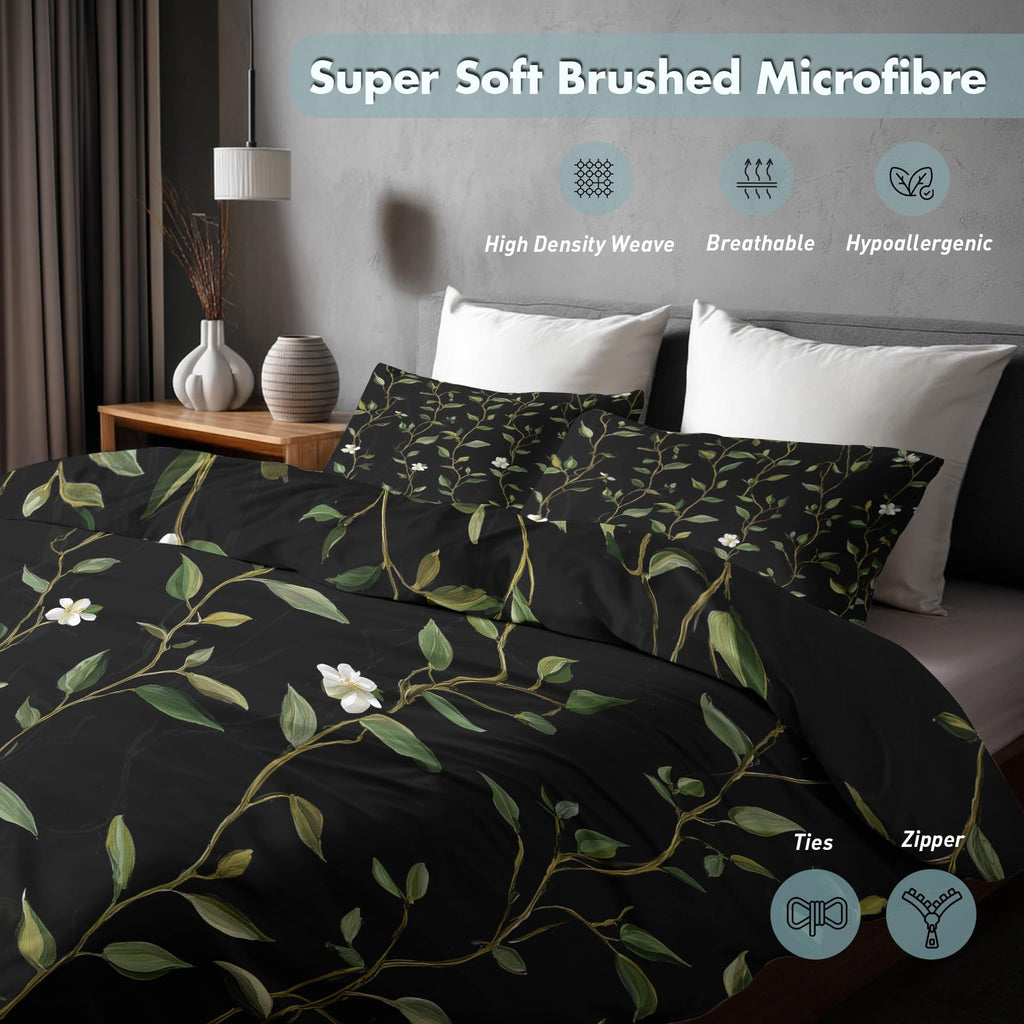 Botanical Duvet Cover, Tree Stripe Floral Black Green Reversible Design Bedding Set 2 Piece, Botanical