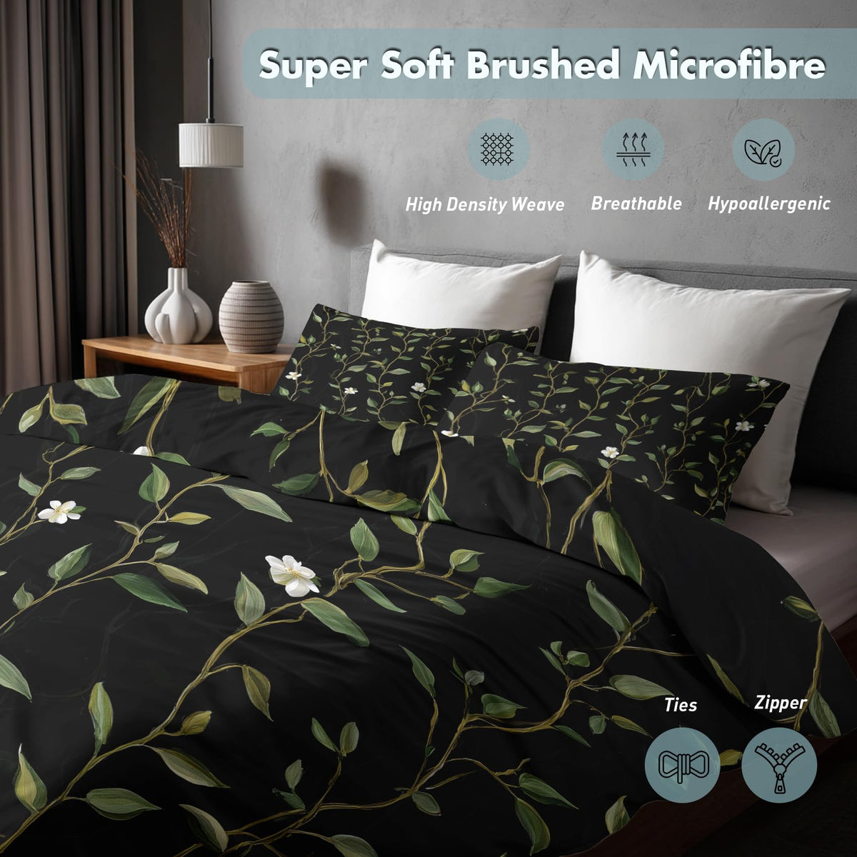 Botanical Duvet Cover, Tree Stripe Floral Black Green Reversible Design Bedding Set 2 Piece, Botanical