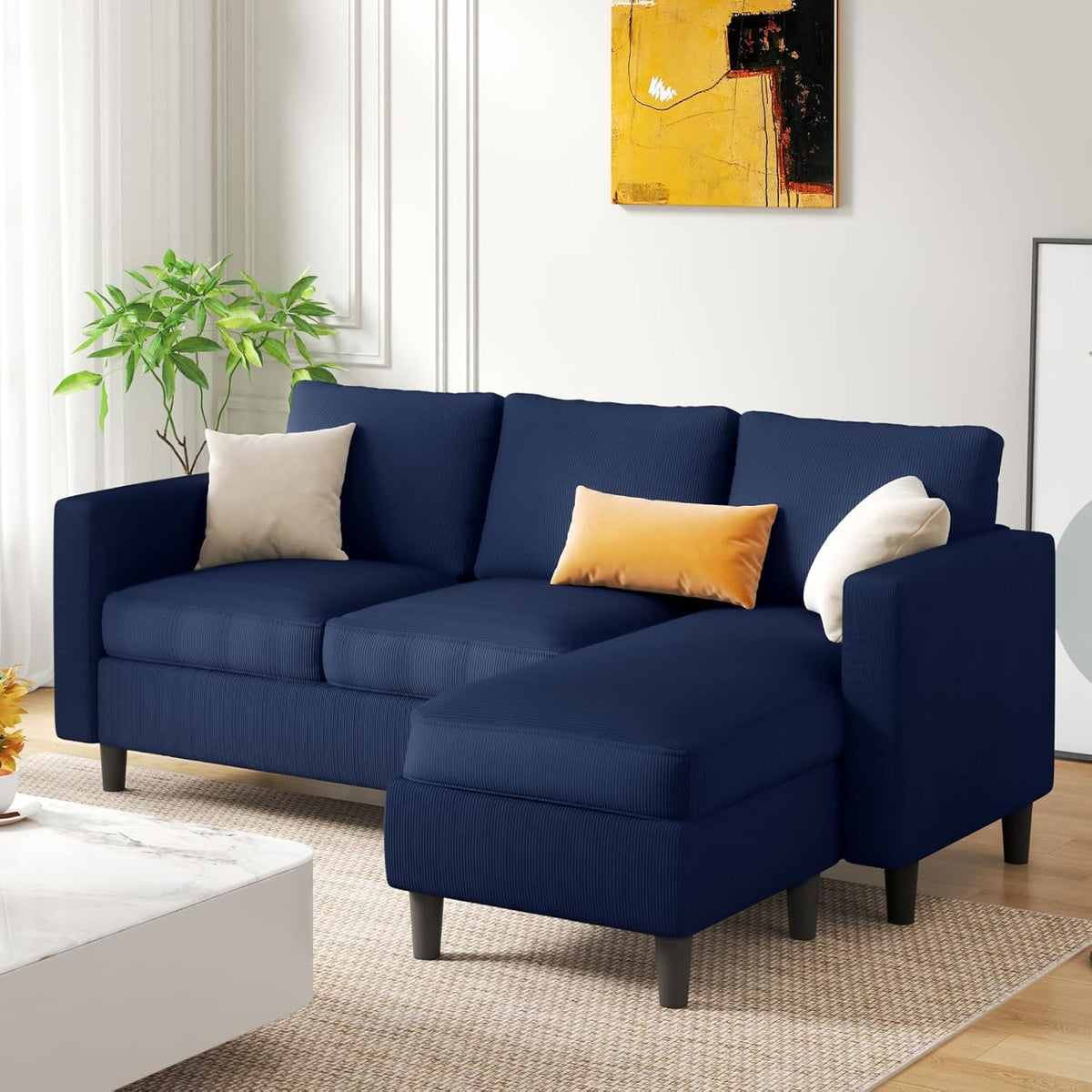 3-Seat Convertible L-Shaped Sectional Sofa with Reversible Ottoman