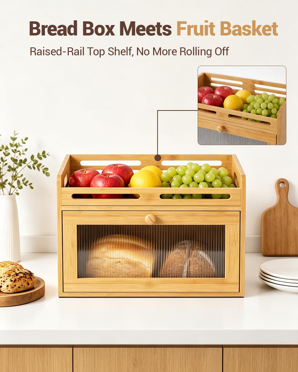 Bread Box - Countertop, Bamboo Storage Container with Top Shelf
