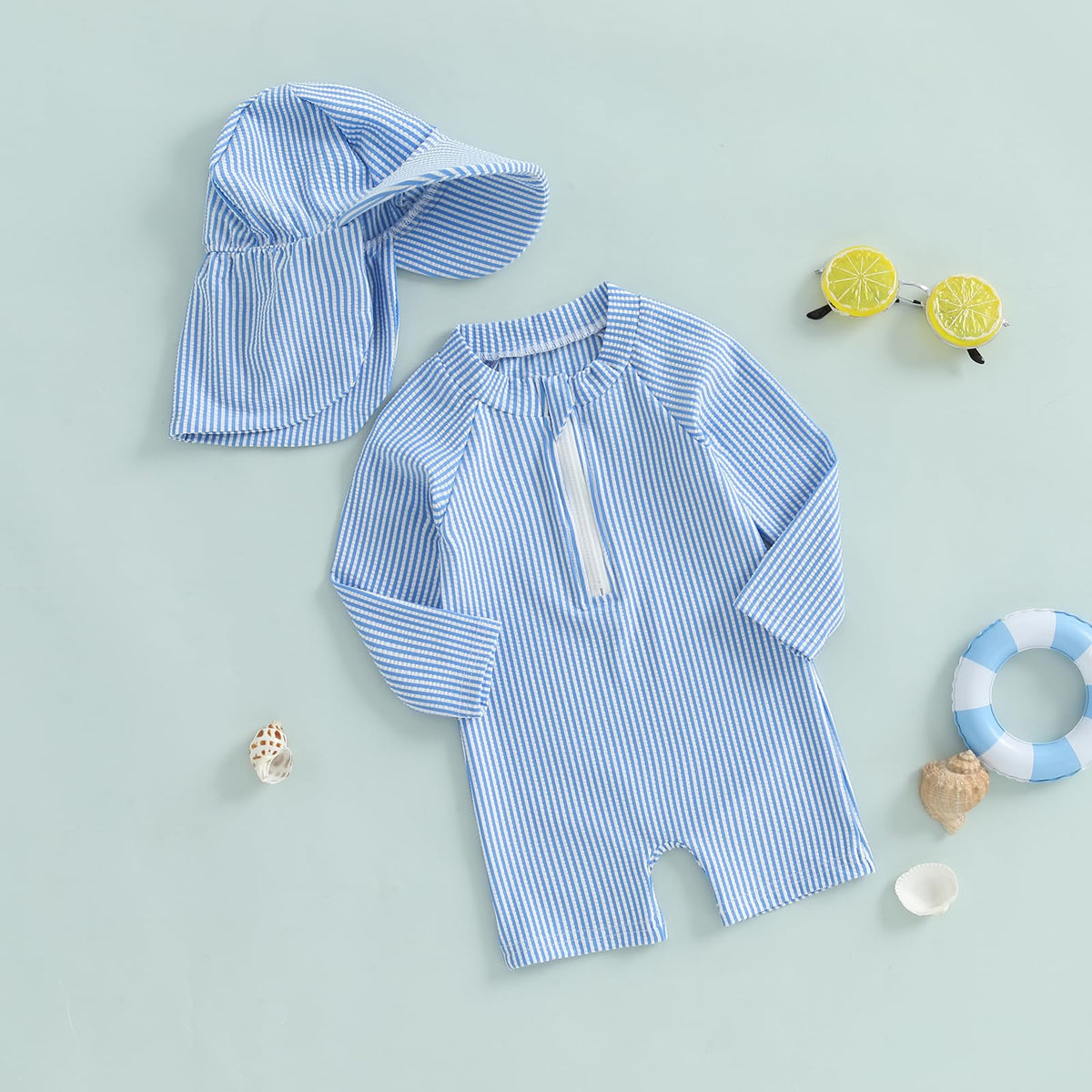 Baby Boys Girls Swimsuit One Piece Striped Zipper Bathing Suit Rash Guard Long Sleeve Seersucker Swimwear Sunsuit