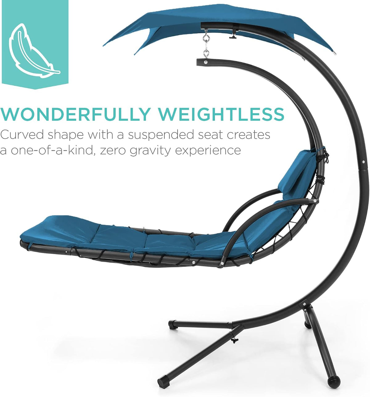 Outdoor Hanging Curved Steel Chaise Lounge Chair Swing w/Built-in Pillow and Removable Canopy - Peacock Blue