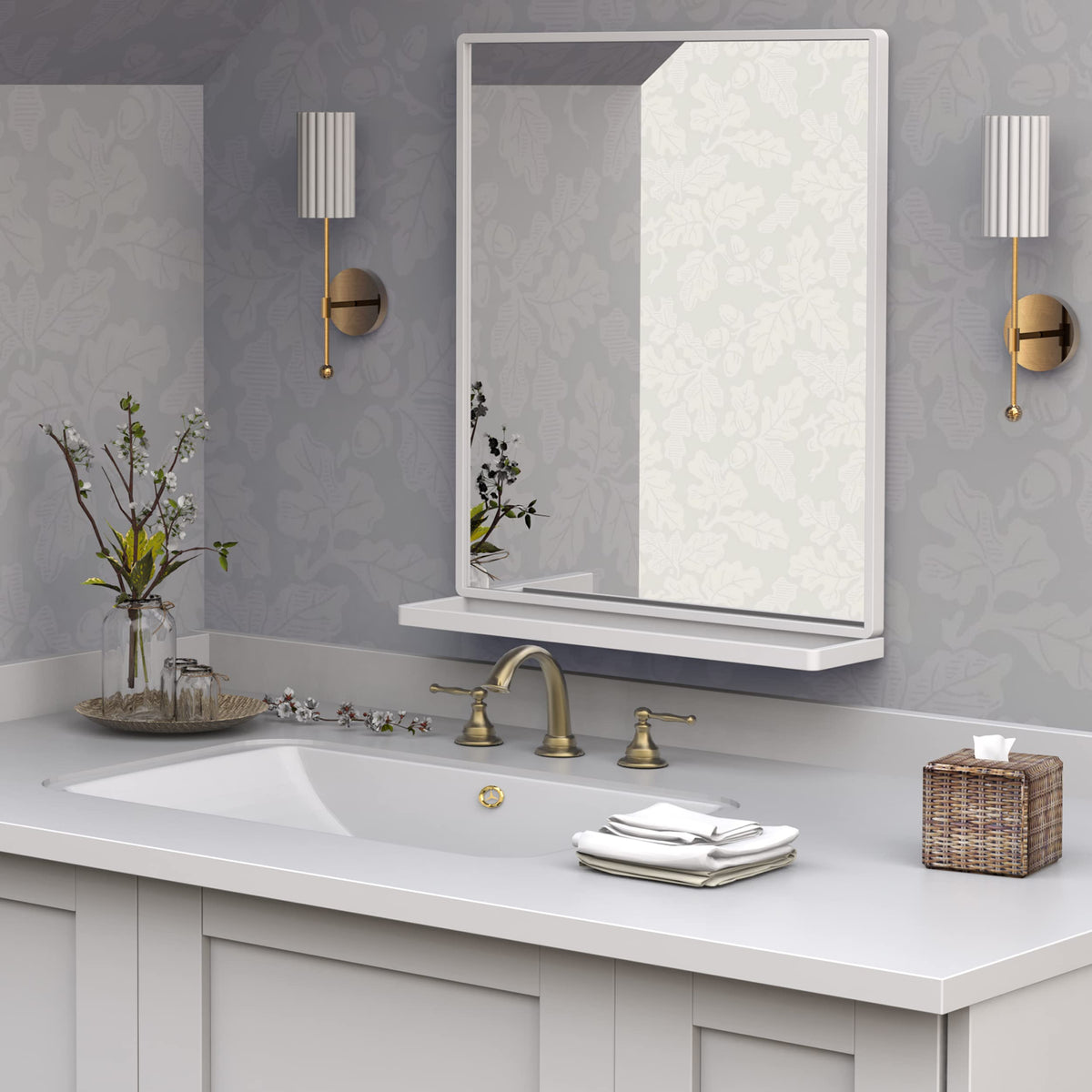 20"x24" Bathroom Wall Mirror with Shelf, White Bathroom Mirror for Wall, Rectangular Wall Hanging Mirror Bedroom