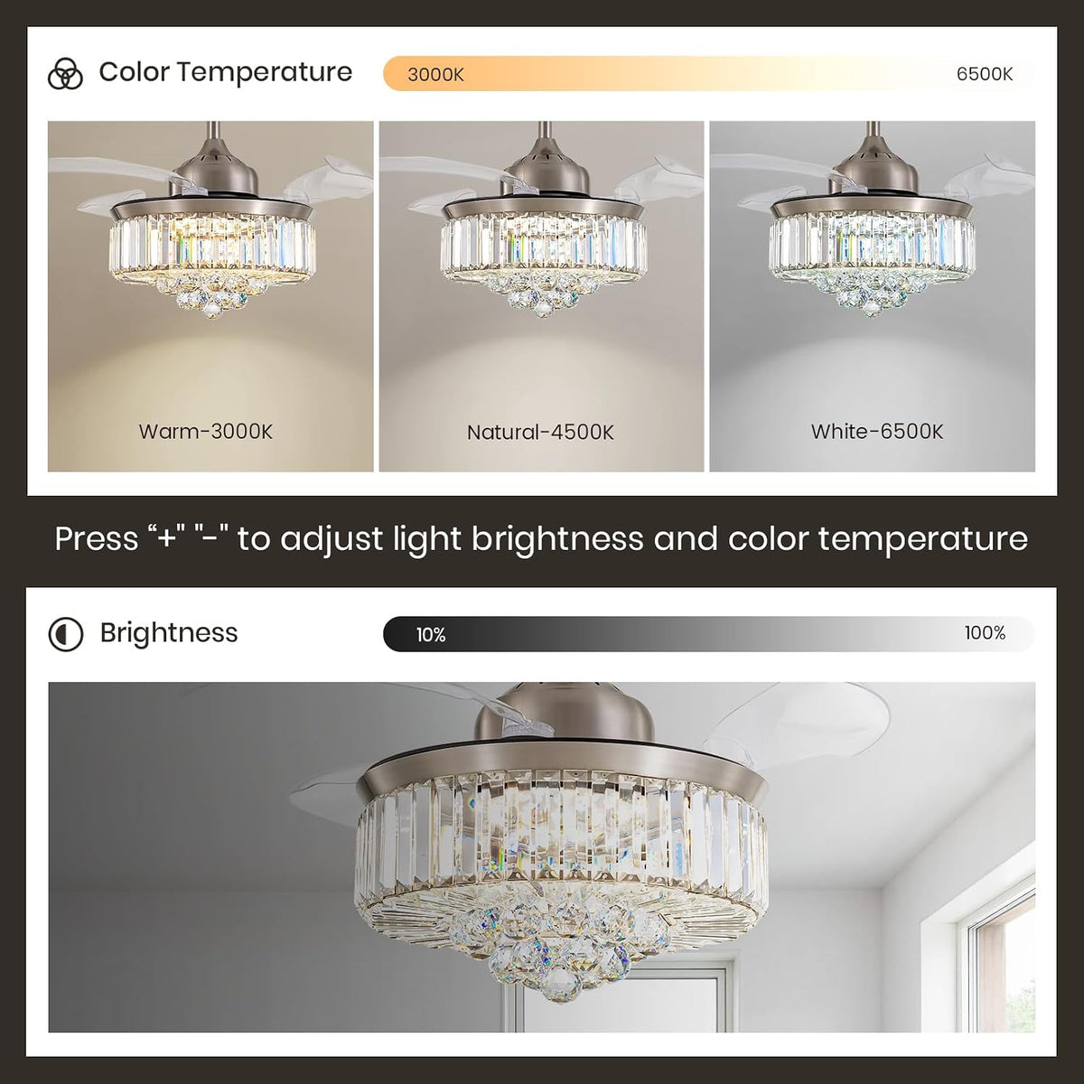 36" Crystal Retractable Ceiling Fan with Light & Remote