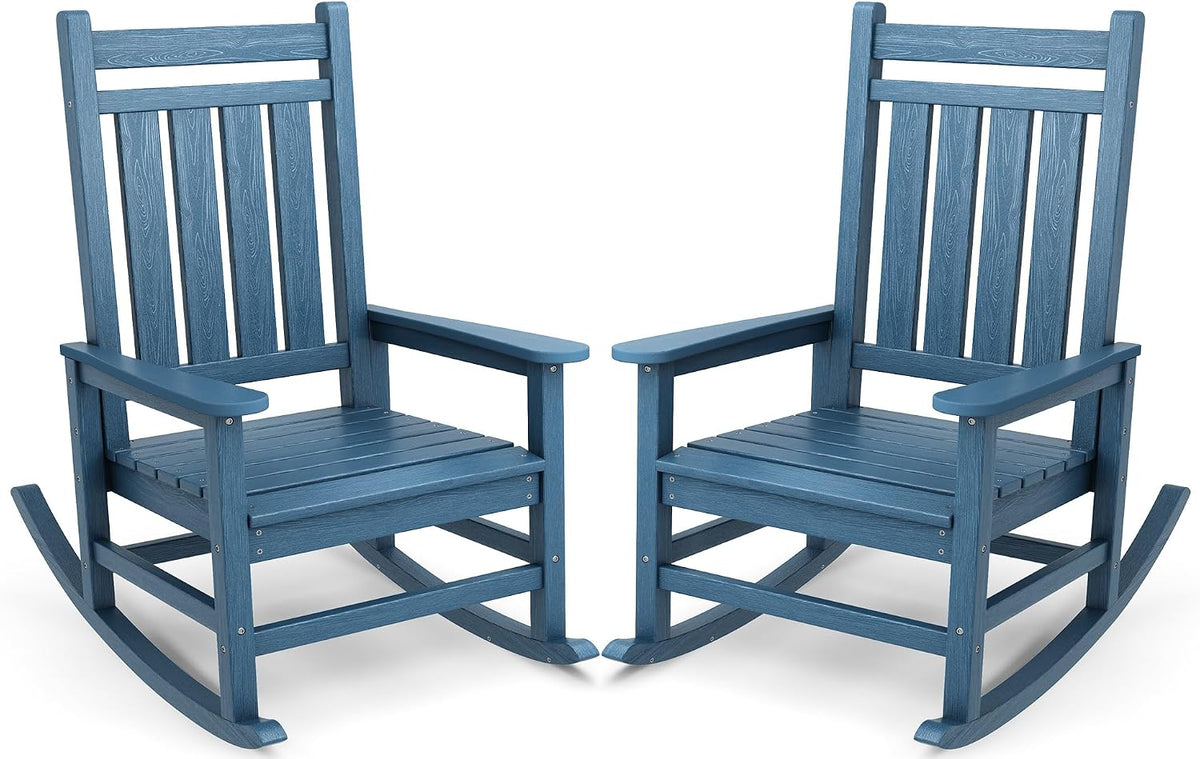 Outdoor Rocking Chair Set of 2, HDPE Rocker for Adults, Blue | 21.1" Widened Seat adds Extra Comfort, Oversized