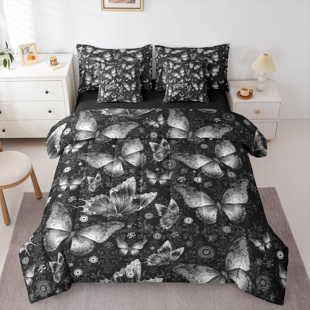 Girls Women Damask Baroque Grey Butterfly 7 Piece Bedding Set Twin | Paisley Victorian Comforter Set with Sheets