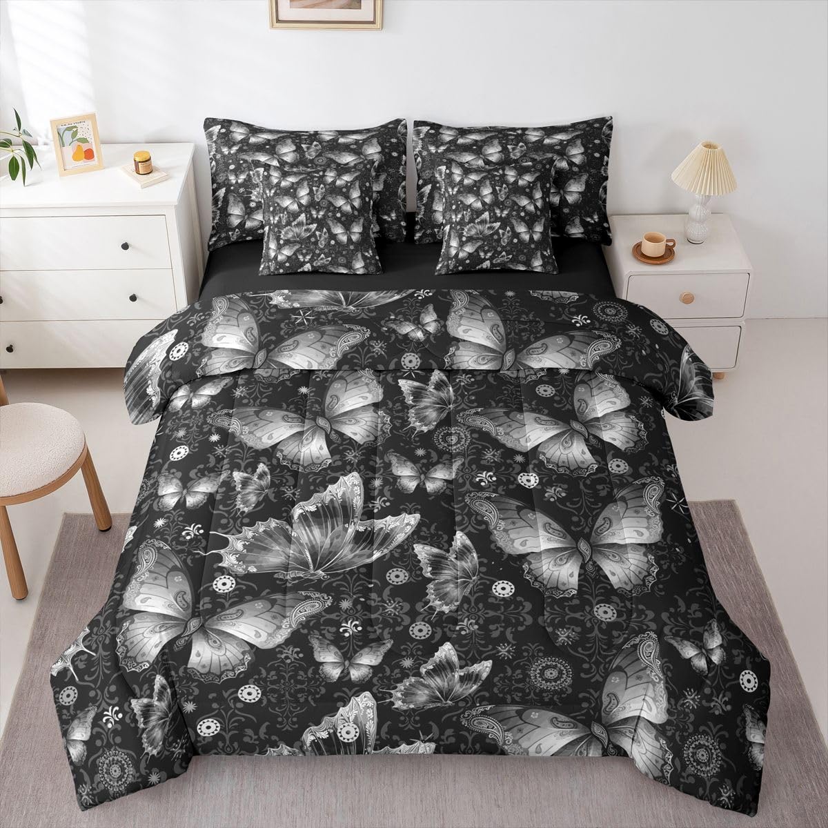 Girls Women Damask Baroque Grey Butterfly 7 Piece Bedding Set Twin | Paisley Victorian Comforter Set with Sheets