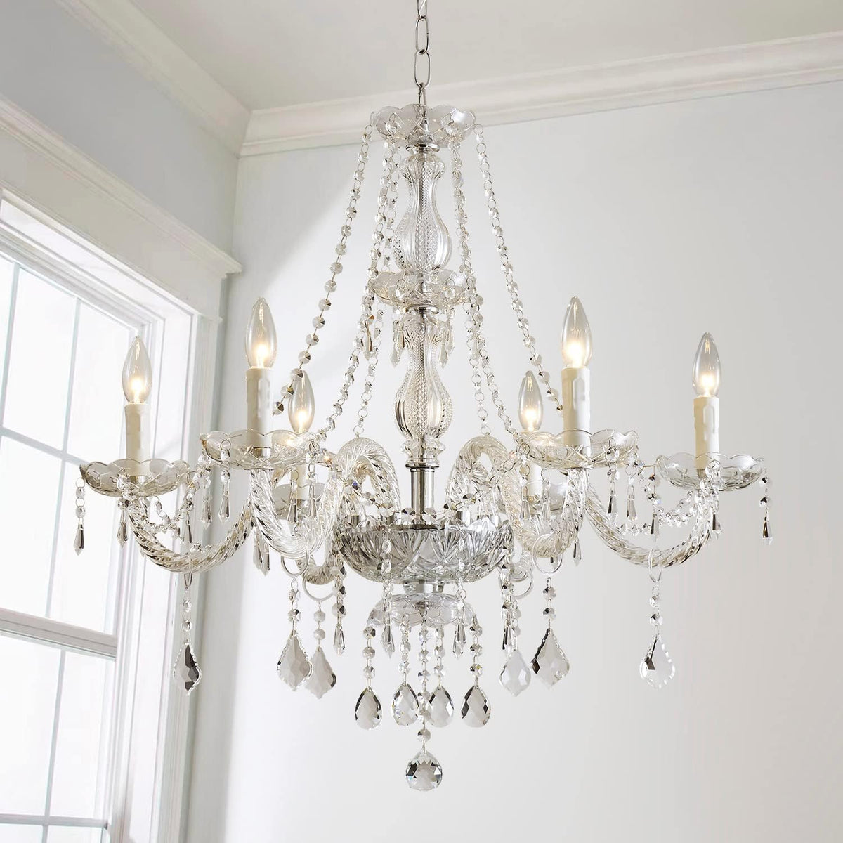 Six-Light Modern K9 Crystal Chandelier with Faceted Teardrop Accents
