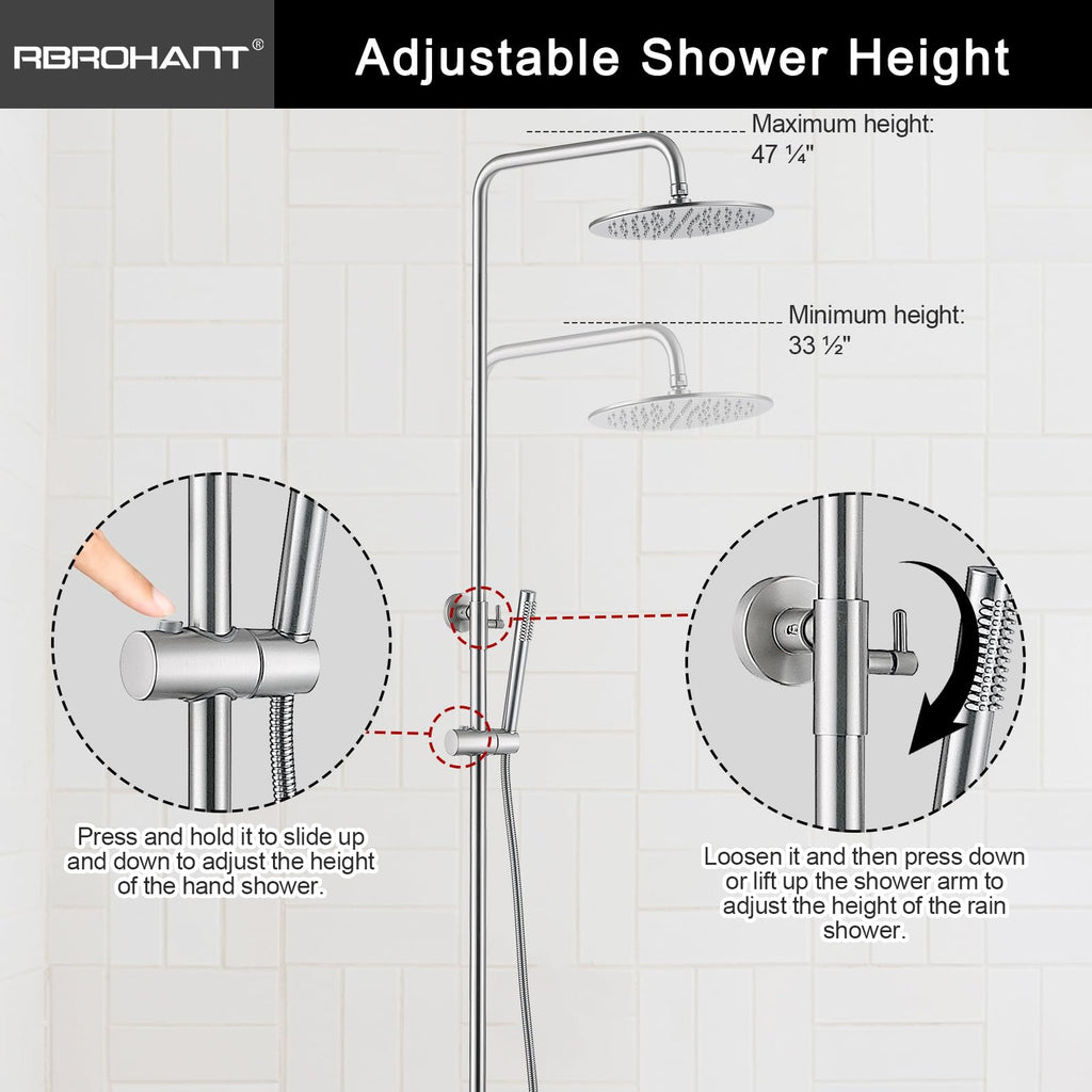 Exposed Shower System with Tub Spout, Brushed Nickel Exposed Pipe Shower Faucet with 3 Functions Brass Shower Valve