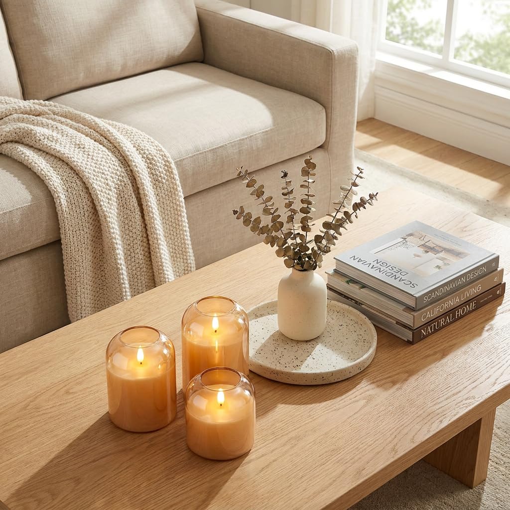 Fall Decorations, Amber Glass Flameless Candles, LED Pillar Candle