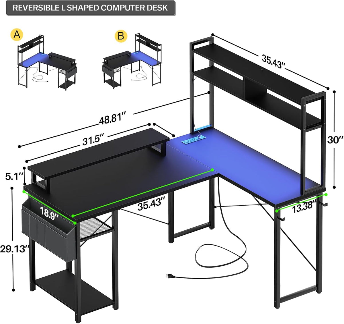 Small L Shaped Desk Gaming Desk with LED Lights & Power Outlets | Reversible L-Shaped Computer Desk with Monitor