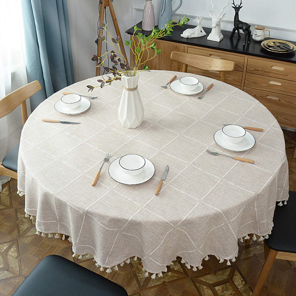 Heavy Weight Cotton Linen Tablecloth, Plaid Tassel Round Table Cover Dining Room Tabletop Decorations, Round - 70"