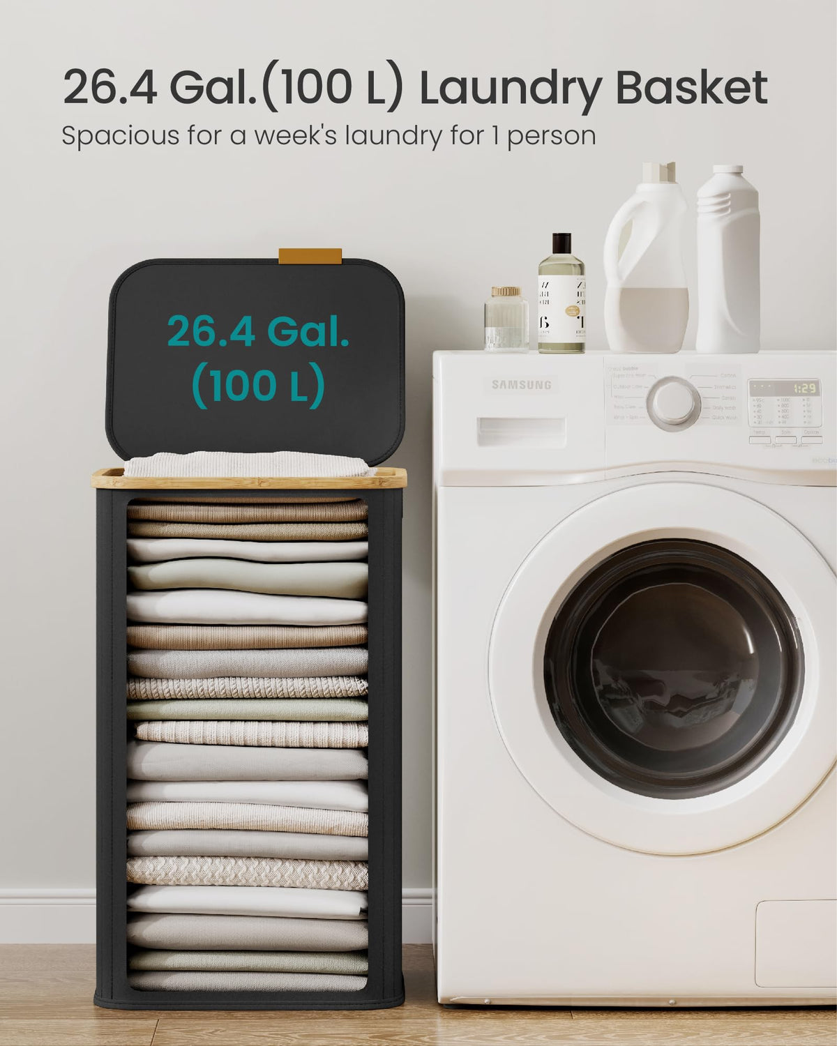 Laundry Hamper with Lid, 100L Laundry Basket, Bamboo Frame